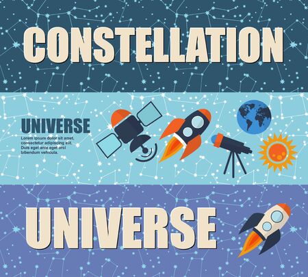 Banners on the theme of space on a dark background with a rocket, the telescope, the satellite. Vector illustrationのイラスト素材
