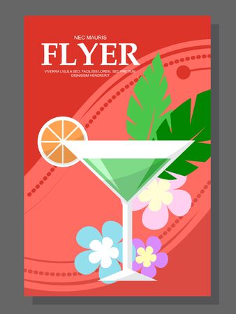 Flyer with a cocktail on the beach. Flowers on sunny weather. Vector illustrationのイラスト素材