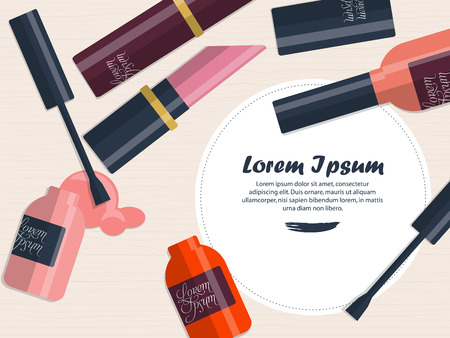 Composition with nail polish and lipstick on a table with place for your text. Vector illustrationのイラスト素材