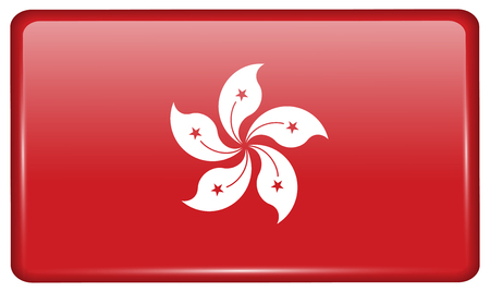 Flags of Hong Kong in the form of a magnet on refrigerator with reflections light. Vector illustrationのイラスト素材
