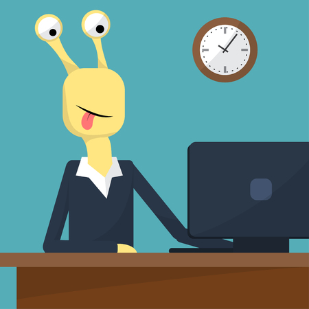 Flat design vector illustration of office interior. Monster at work. Vector illustrationのイラスト素材