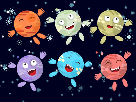 Set of funny cartoon planet on a dark background. Vector illustrationのイラスト素材
