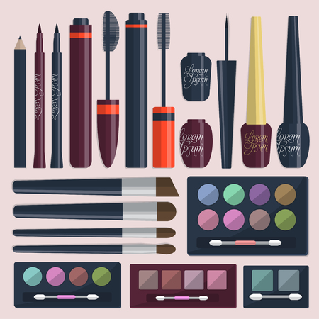 Large collection of womens cosmetics for the eyes on a pink background. Vector illustrationのイラスト素材