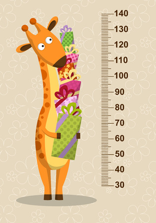 Cartoon giraffe with gifts on a beige background. Stadiometer. Vector illustrationのイラスト素材