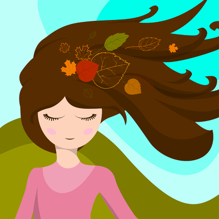 Cute girl with leaves in her hair, which are developed in the wind. Vector illustrationのイラスト素材
