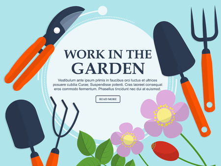 Set of garden tools and plants on a light background with place for your text. Vector illustrationのイラスト素材