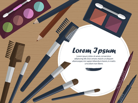 Set of female cosmetics on a table with place for your text. Vector illustrationのイラスト素材