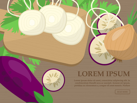 Set with onions, eggplant, parsley and kitchen plates on a table with space for your advertising. Vector illustrationのイラスト素材