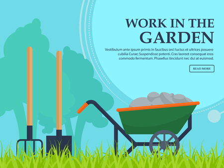 Wheelbarrow, shovel and pitchfork to work in the garden on a background of trees with space for your advertising. Vector illustrationのイラスト素材