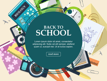 Set of school supplies on a light background with space for your advertising. Frame. Vector illustrationのイラスト素材