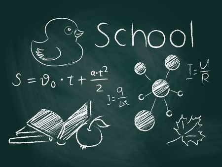 School board with inscriptions and drawings with chalk. Vector illustrationのイラスト素材