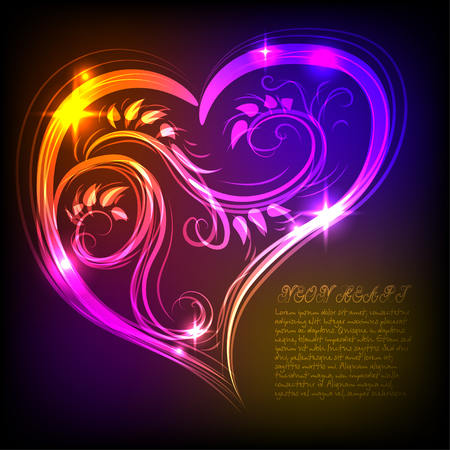 A beautiful multicolored heart with a bright neon effect with a place for text. Festive postcard. Vector illustrationのイラスト素材