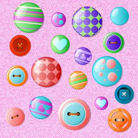 Set of multicolored buttons on a jeans background. Vector illustrationのイラスト素材