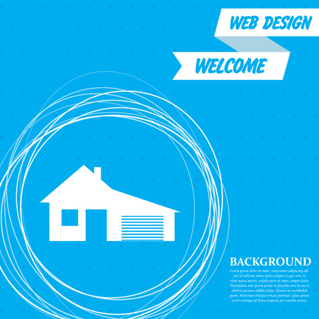 house with garage icon on a blue background with abstract circles around and place for your text. Vector illustrationのイラスト素材
