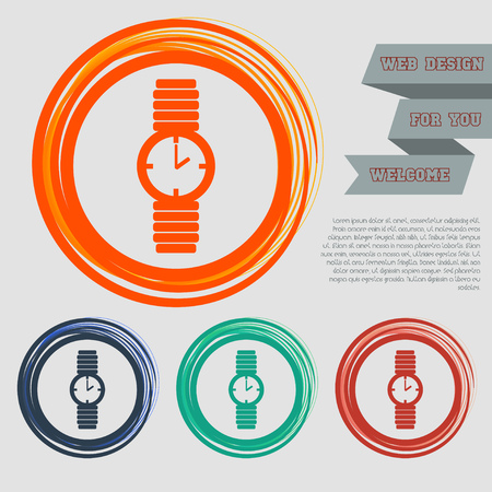 watch icon on the red, blue, green, orange buttons for your website and design with space text. Vector illustrationのイラスト素材