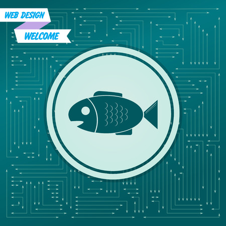 Fish icon on a green background, with arrows in different directions. It appears on the electronic board. Vector illustrationのイラスト素材
