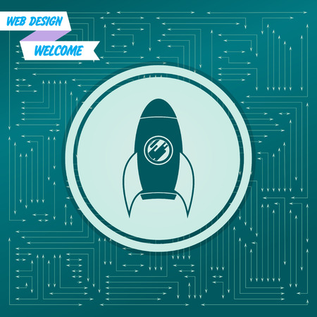 Rocket icon on a green background, with arrows in different directions. It appears on the electronic board. Vector illustrationのイラスト素材