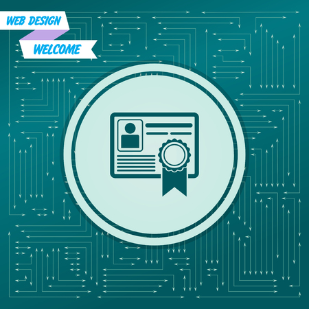 certificate icon on a green background, with arrows in different directions. It appears on the electronic board. Vector illustrationのイラスト素材
