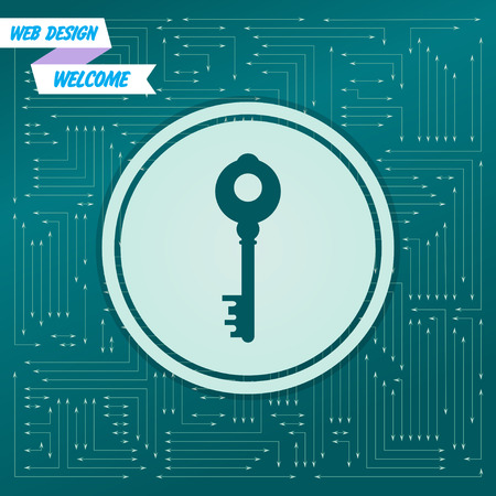 Key Icon on a green background, with arrows in different directions. It appears on the electronic board. Vector illustrationのイラスト素材