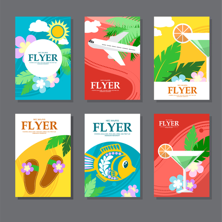 Collection of brightly colored rectangular card on travel and leisure. Flat style. illustrationの写真素材