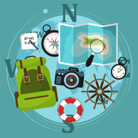 Set of travel accessories with backpack, compass, map and other items. illustrationの写真素材