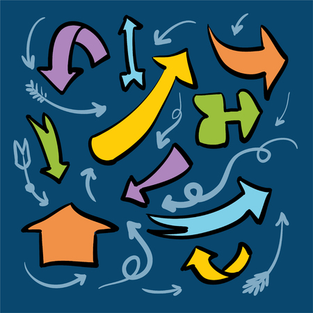 Collection of brightly colored arrows on a blue background. illustrationの写真素材