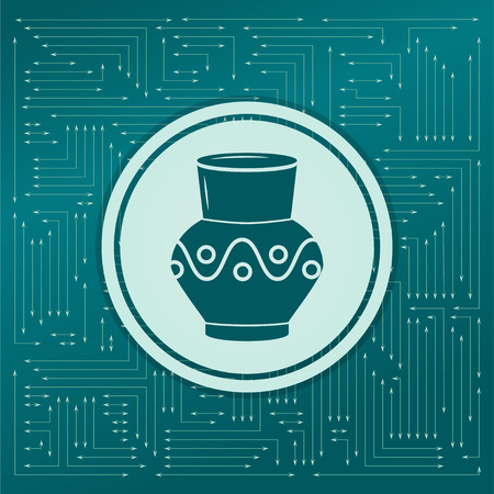 Vase, amphora icon on a green background, with arrows in different directions. It appears on the electronic board. illustrationの写真素材