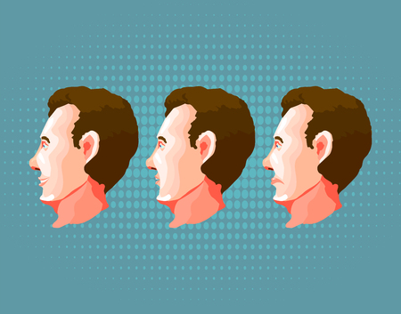 Male face with different emotions on blue background. Illustrationの写真素材