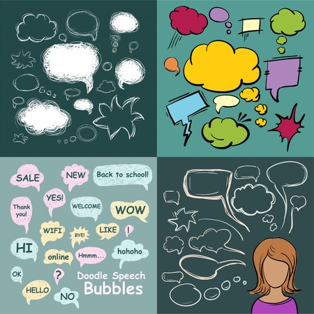 Set of scribble speech bubbles on a green background. illustrationの写真素材