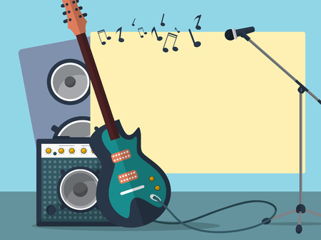 Frame with a guitar, combo amp, microphone, speaker and notes on a blue background. illustrationの写真素材