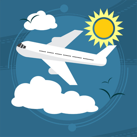Sunny day. The plane takes passengers to the resort. With seagulls in the sky. illustrationの写真素材
