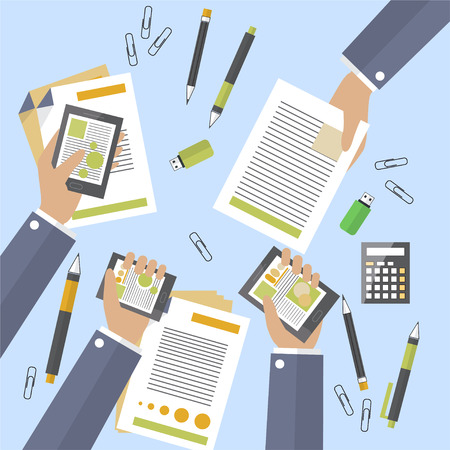 Hands of business people busy devices and papers. Big deal is signed. Treaty and counting profits. Annual or monthly report. Flat design. illustrationの写真素材