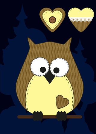 Cute cartoon owl in flat design for greeting card, invitation and logo with fabric texture. illustrationの写真素材