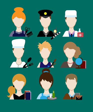 Avatars profession people cop doctor, cook, hairdresser, an artist, teacher, waiter, a businessman, secretary. Face men uniform. Avatars in flat design illustrationの写真素材