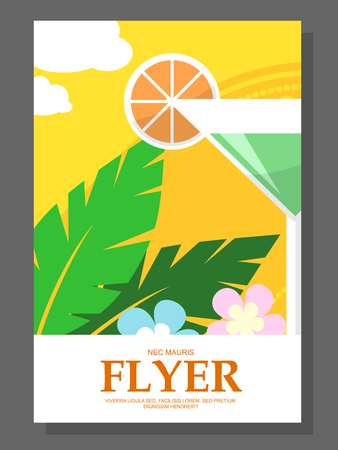 Flyer with a cocktail on the beach. Flowers on sunny weather. illustrationの写真素材