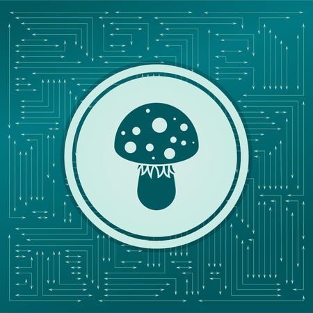 fly agaric mushroom icon on a green background, with arrows in different directions. It appears on the electronic board. illustrationの写真素材