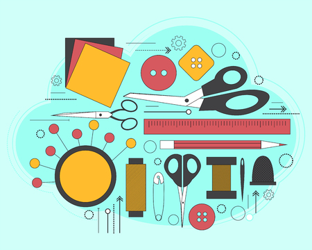 Set of accessories for sewing and handmade paper card with dressmaking accessories. Line art. illustrationの写真素材