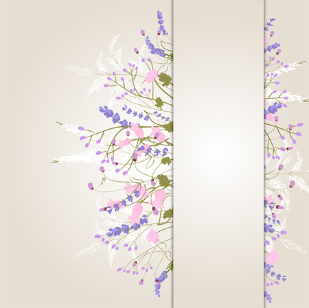 Composition of delicate wild flowers on a beige background with space for your text. Card. illustrationの写真素材
