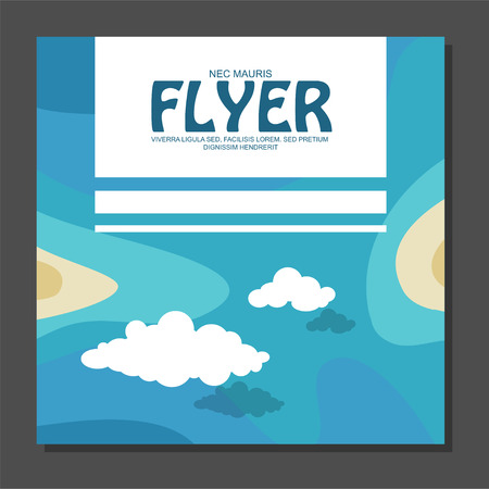 Flyer in flat style with a map of the island to travel and vacation on yacht with clouds in the sky. View from the birds flight. illustrationの写真素材