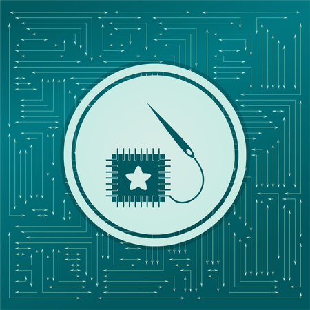 patch icon on a green background, with arrows in different directions. It appears on the electronic board. illustrationの写真素材