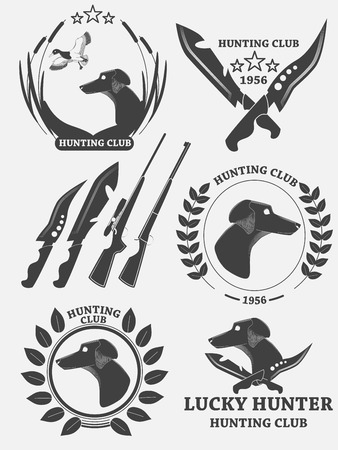 Set of hunting retriever logos, labels and badges. Dog duck, weapons. illustrationの写真素材