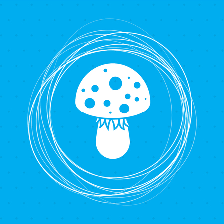 fly agaric mushroom icon on a blue background with abstract circles around and place for your text. illustrationの写真素材