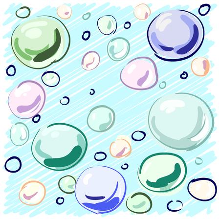 Colored soap bubbles hand-drawn on a blue background for your design. illustrationの写真素材