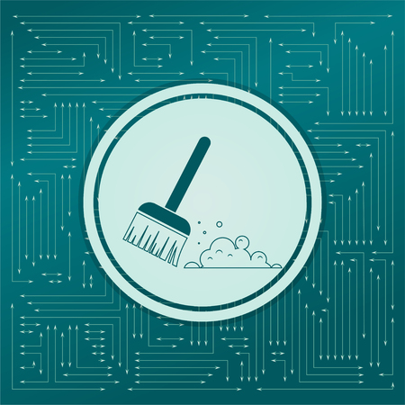 Broom icon on a green background, with arrows in different directions. It appears on the electronic board. illustrationの写真素材