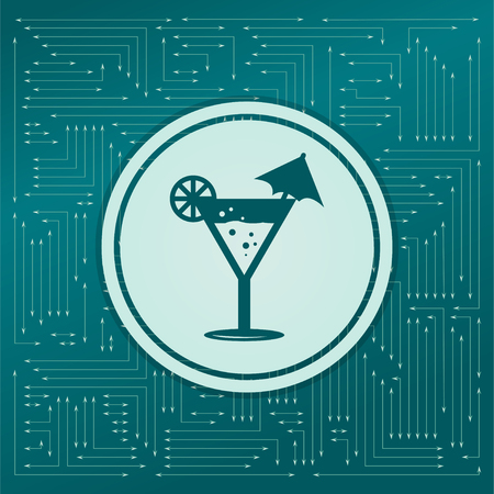 Cocktail party, martini icon on a green background, with arrows in different directions. It appears on the electronic board. illustrationの写真素材