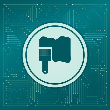 Paint brush icon on a green background, with arrows in different directions. It appears on the electronic board. illustrationの写真素材