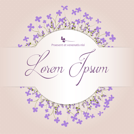 Beautiful floral arrangement with violet flowers on a beige background with space for your text. Postcard. illustrationの写真素材