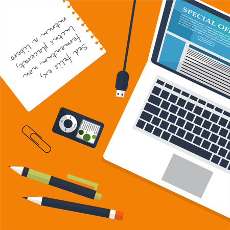Workplace with person working on laptop watching video player, concept of webinar, business online training, education on computer, e-learning concept, video tutorial illustrationの写真素材