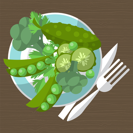 Set of green vegetables on a plate with a fork and knife. illustrationの写真素材