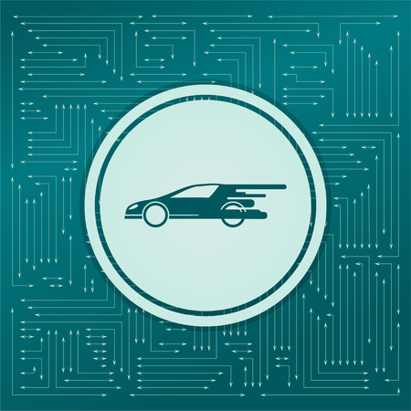 Super Car icon on a green background, with arrows in different directions. It appears on the electronic board. illustrationの写真素材
